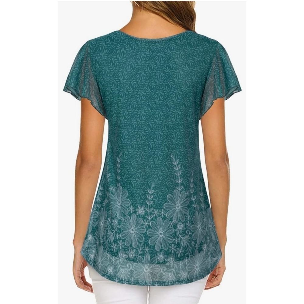Timeson Double Layer Flutter Sleeve Floral Tunic Teal Size L - Picture 2 of 14
